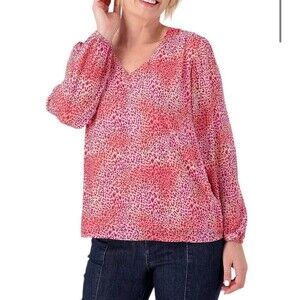 Belle Kim Graver Pink Blouse Cheetah Mixed Media Top Boho 1X Women Classic Work